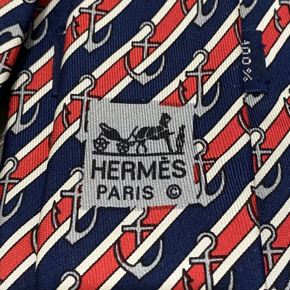 Hermes Men's Tie Nautical Anchors Red White Blue Gray Black Silk 3.25" W X 55" L - Picture 3 of 6